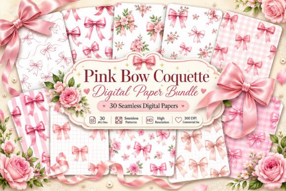 Download Pink Bow Coquette Digital Paper Bundle - Bundle Collection
