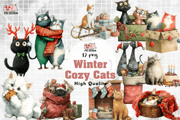 Download Winter Cozy Cats Illustration Bundle PNG - Bundle Collection